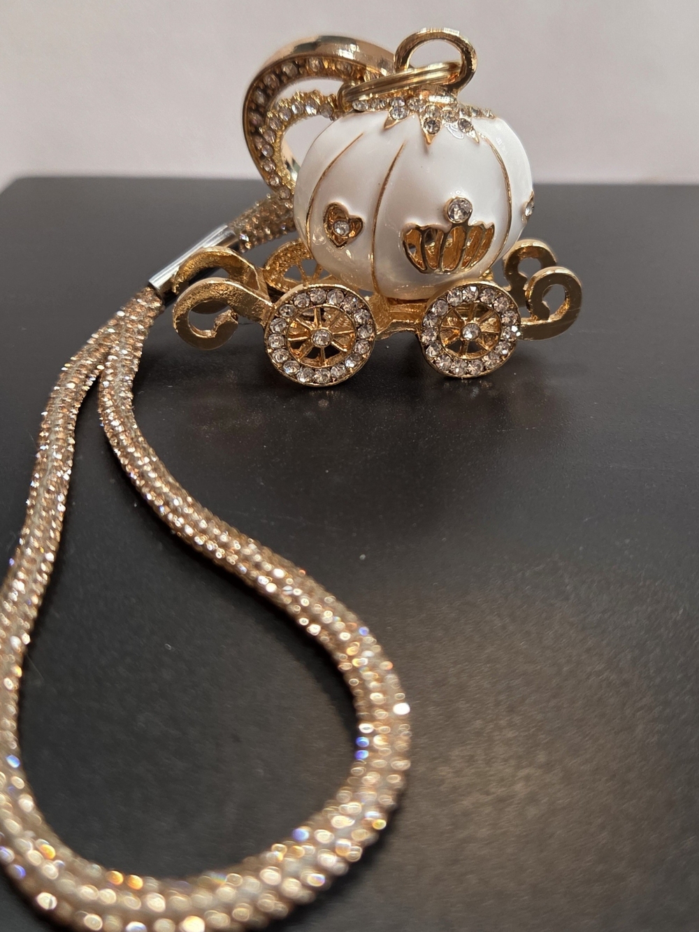 Sparkly Gold & White Princess Carriage Keychain with Sparkly Wristlet.